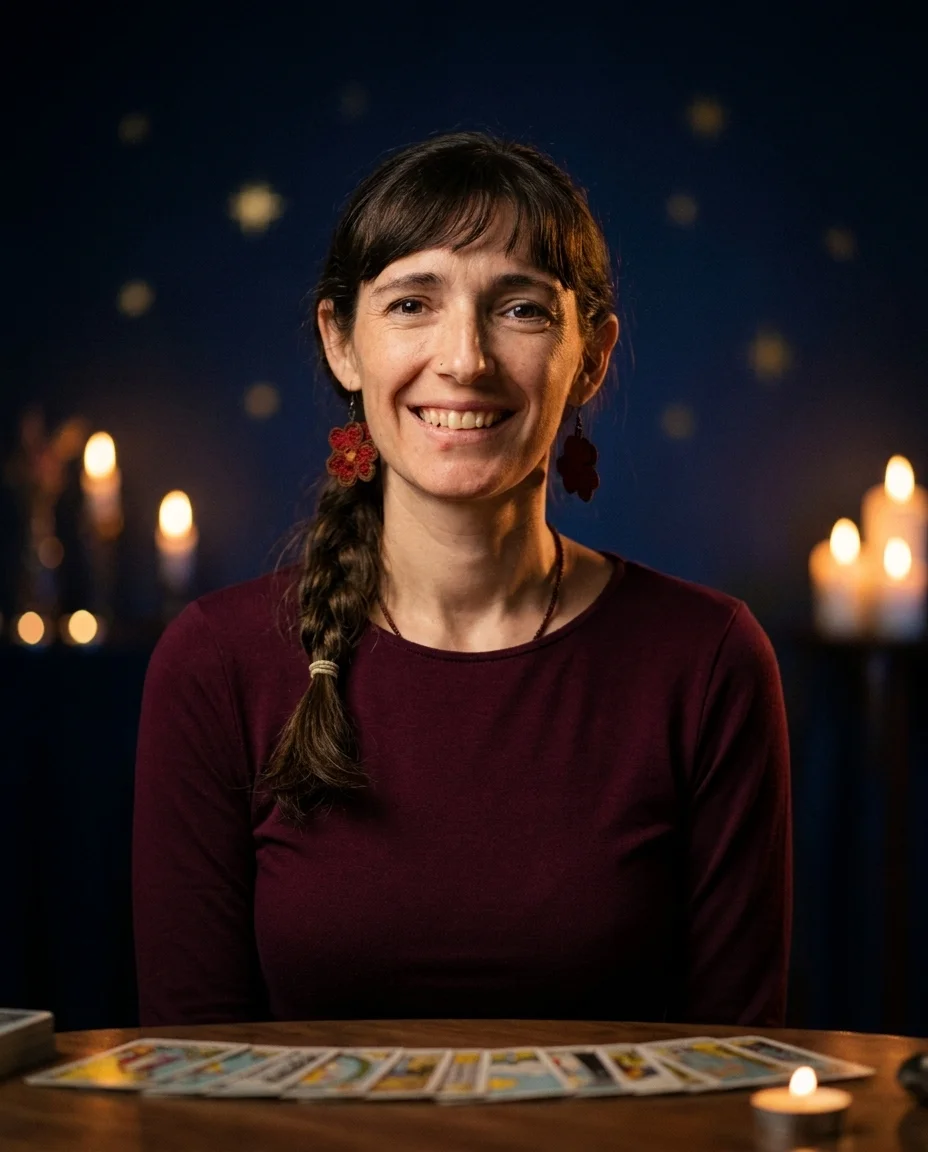 Elvira, Astro Tarot practitioner, by candlelight in front of a tarot spread